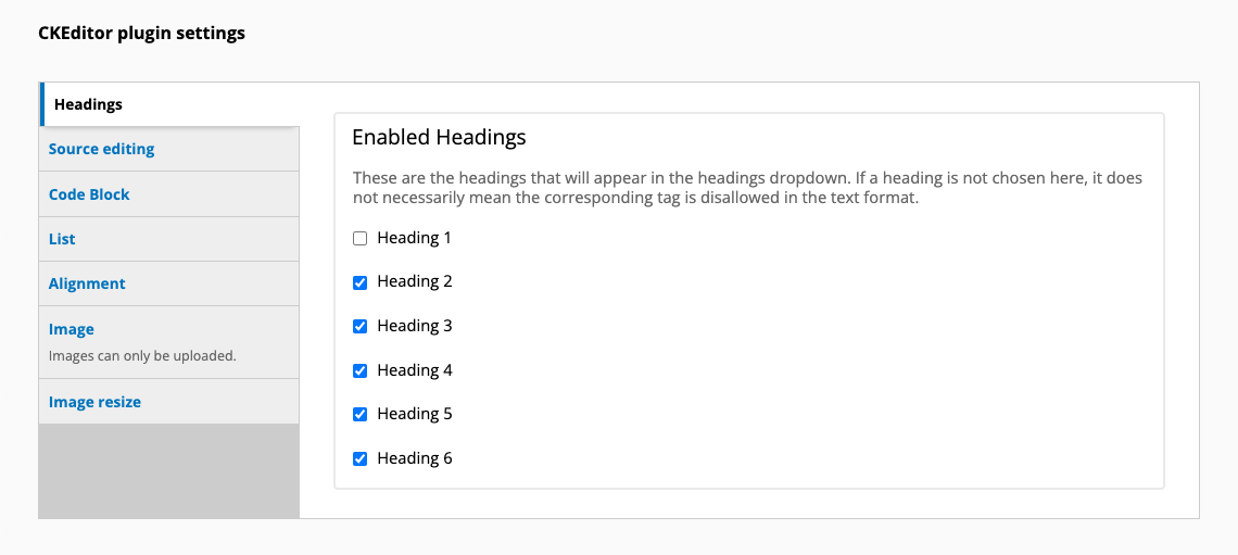 A screenshot of the CKEditor 5 plugin configuration interface.