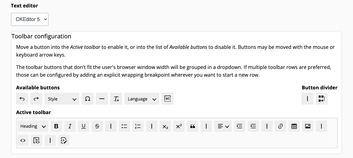 A screenshot of the CKEditor 5 toolbar configuration interface.