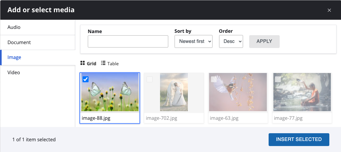 A screenshot of the media library being used to select a file.