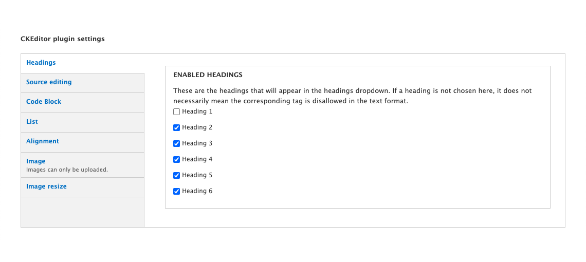 A screenshot of the CKEditor 5 plugin configuration interface.