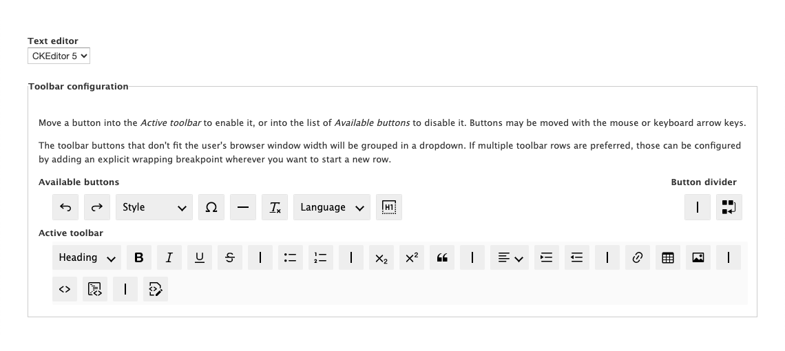 A screenshot of the CKEditor 5 toolbar configuration interface.