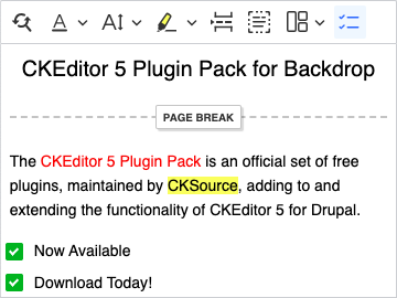 A screenshot of CKEditor 5 being used to demonstrate a number of the plugins available in the CKEditor 5 Plugin Pack.